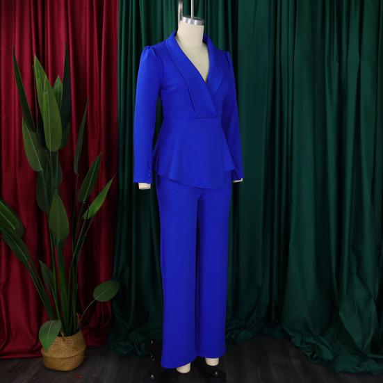 Женские костюмы больших размеров из двух предметов, блейзер с длинными рукавами и оборками, с неровным подолом, и брюки, деловой костюм, офисный рабочий комплект