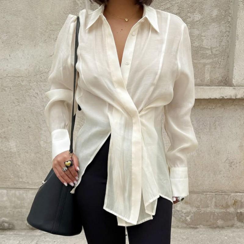 Womens Relaxed Fit Long Sleeve Shirt With Asymmetrical Collar Side Slit Tencel Blend Lightweight Top Office Casual Wear