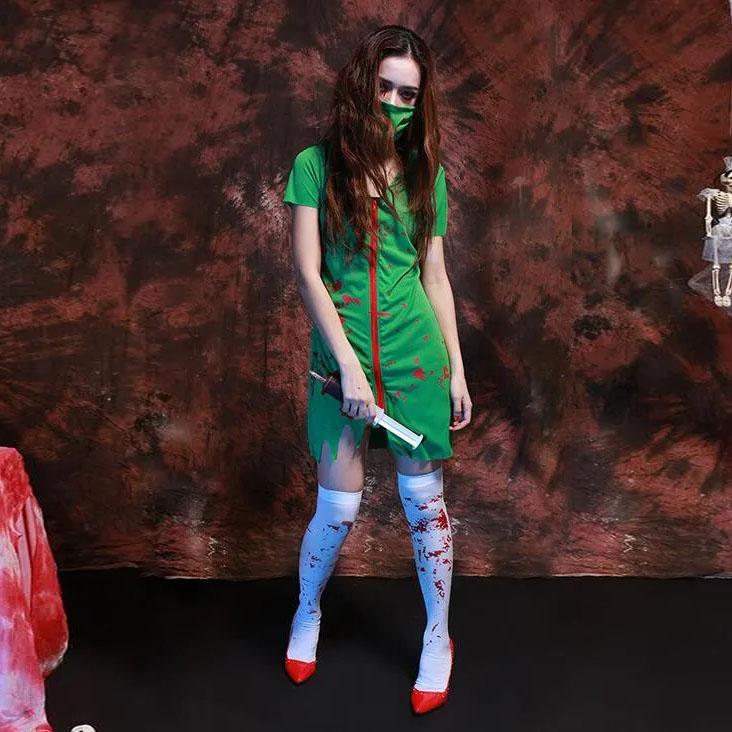 Хэллоуин Кровавый Террор Зомби Костюмы Медсестры Сексуальное Зеленое Платье Для Косплея «Ходячие мертвецы» + Муфелька для рта