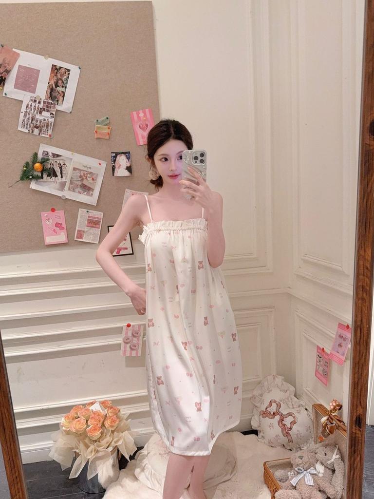 Girl Sleepwear Ice Silk Bear Nightdress Summer Loungewear For Teen Girls