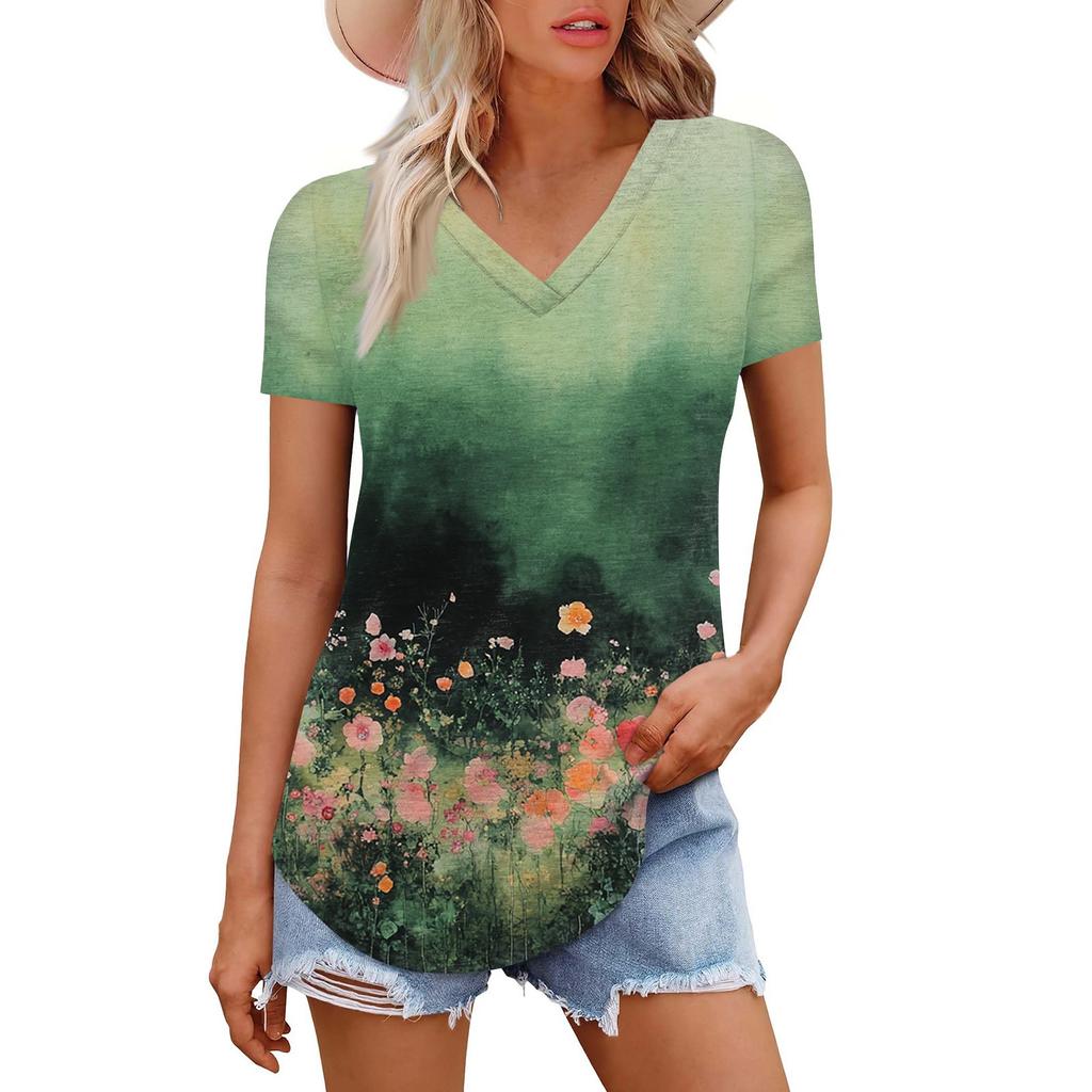 Women's Fashion Casual Short-Sleeved Floral Print T-Shirt Shirt Temperament Shirt V-neck Top