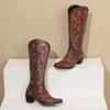 Вышивка Западные Женские Сапоги до Колена Коричневые Черные ПУ Квадратный Каблук Зимние Круглый Носок Винтажные Ковбойские Ковбойские Слипоны Длинные Сапоги