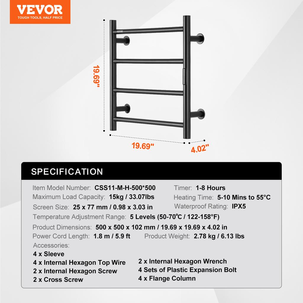 SucceBuy 4/6/8/10 Bars Towel Warmer Rack Wall Mounted Heated Towel for Bathroom IPX5 Waterpoof 5 Levels Temperature Towel Heater
