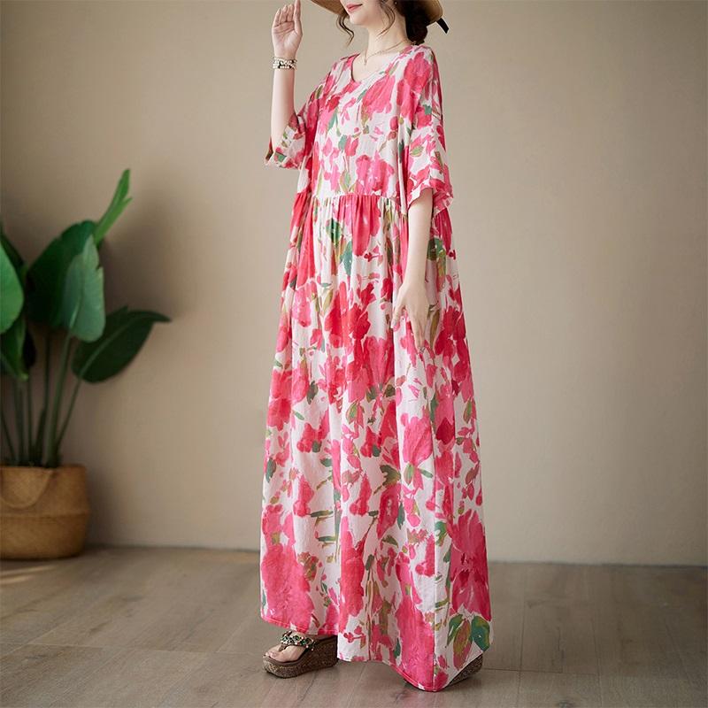 Short Sleeve Plus Size Cotton Vintage Floral New In Dresses for Women Casual Loose Long Summer Dress