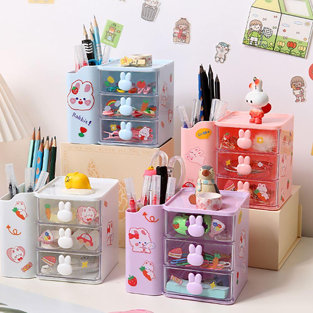 Многофункциональный ящик для хранения кролика, прозрачный выдвижной ящик, мультяшная полка для хранения канцелярских принадлежностей, вместительный пенал, для студента