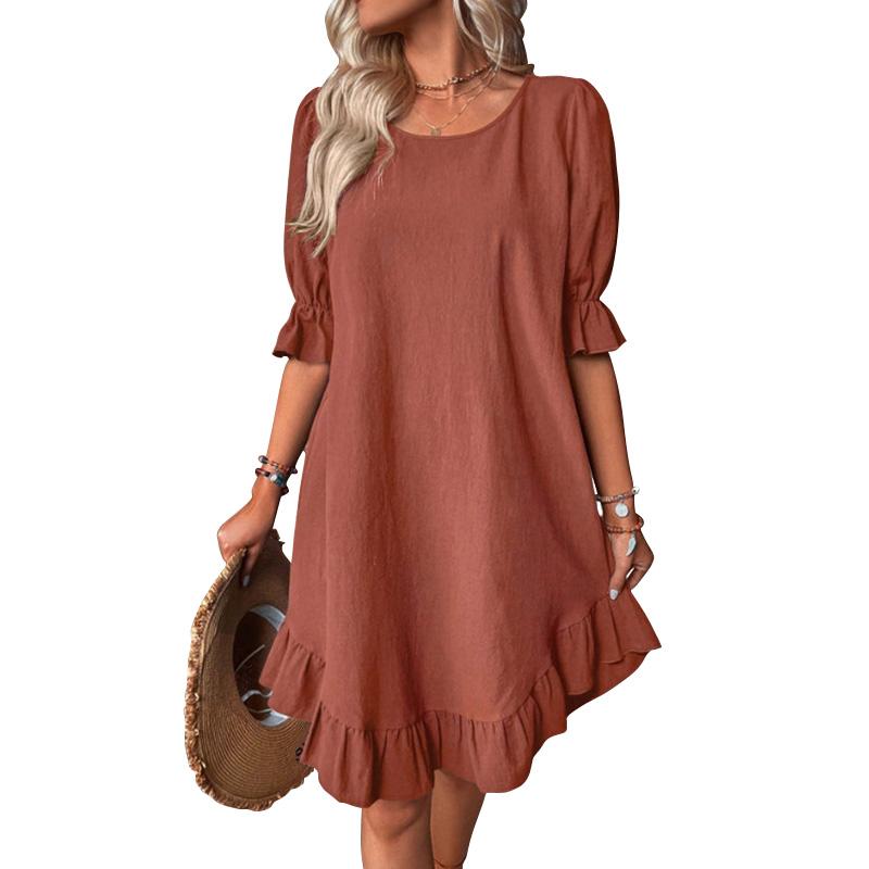 Женское винтажное хлопковое льняное платье со средним рукавом и круглым вырезом, однотонная юбка, платье со свободным подолом, кружевные платья