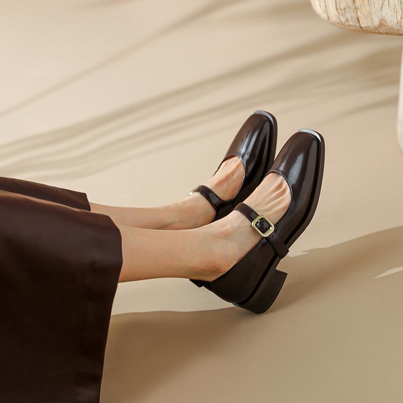 Fashion 2025 New Spring Split Leather Women Shoes Square Toe Mary Jane Shoes for Women Shoes Women Pumps Heels for Women Buckle Strap