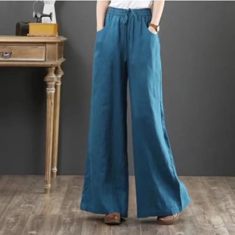 Весенние и летние женские хлопковые льняные свободные брюки с высокой талией, обтягивающие брюки, прямые брюки, льняные женские брюки