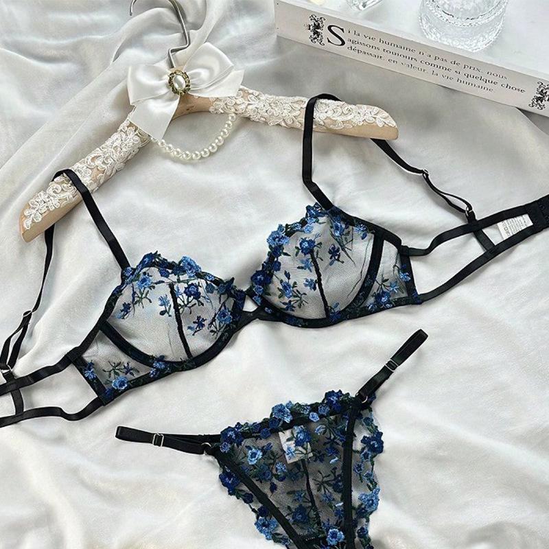 Европейский и американский ультратонкий кружевной вышитый комплект нижнего белья: Сексуальный бюстгальтер и трусики
