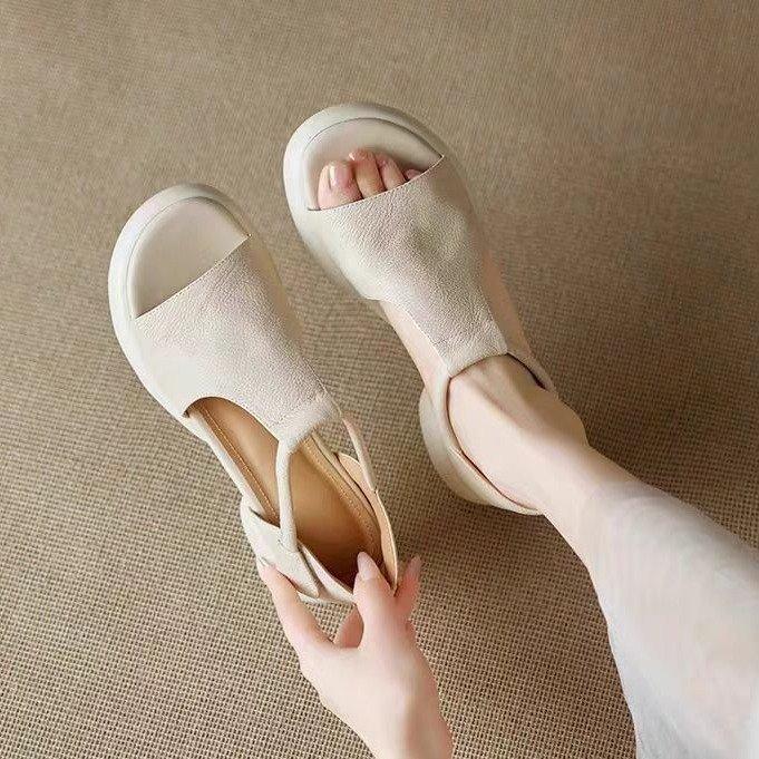 Версия из мягкой кожи~ Французские ретро сандалии на платформе-маффин, удобные, женские, летние, маленькие, для通勤, с открытым носком, римские