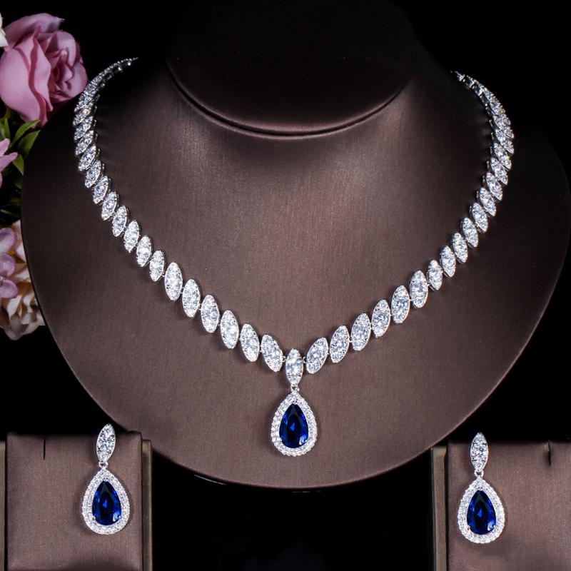 CMM 2PCS Engagement Water Drop Cubic Zirconia Pendant Necklace Set Earrings
