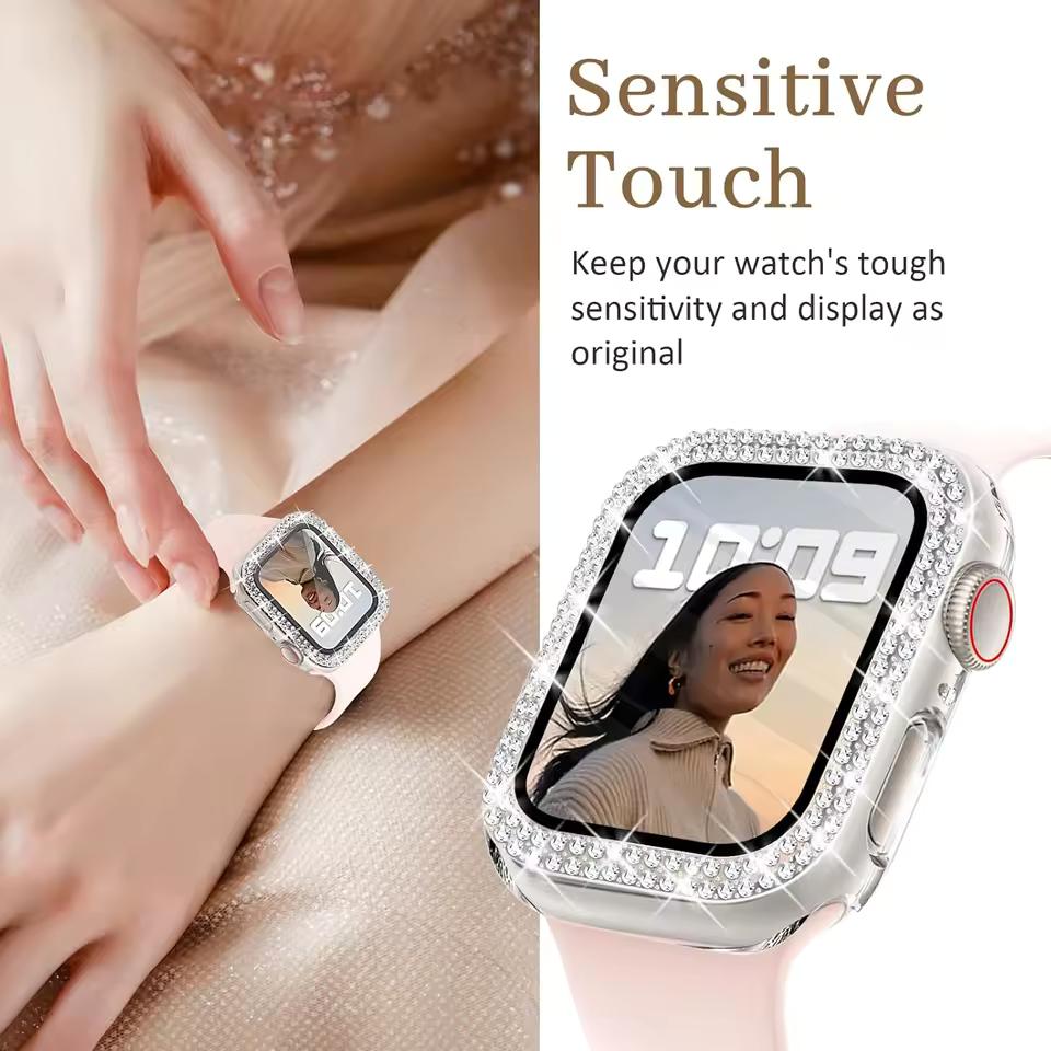 Блестящий чехол из стекла+крышка для Apple Watch Series10 46мм, 44мм, 45мм, 41мм, 40мм, 38мм, 42мм, женский бампер с бриллиантами+защитная пленка для экрана iwatch Series 7 9 8 5 6 SE