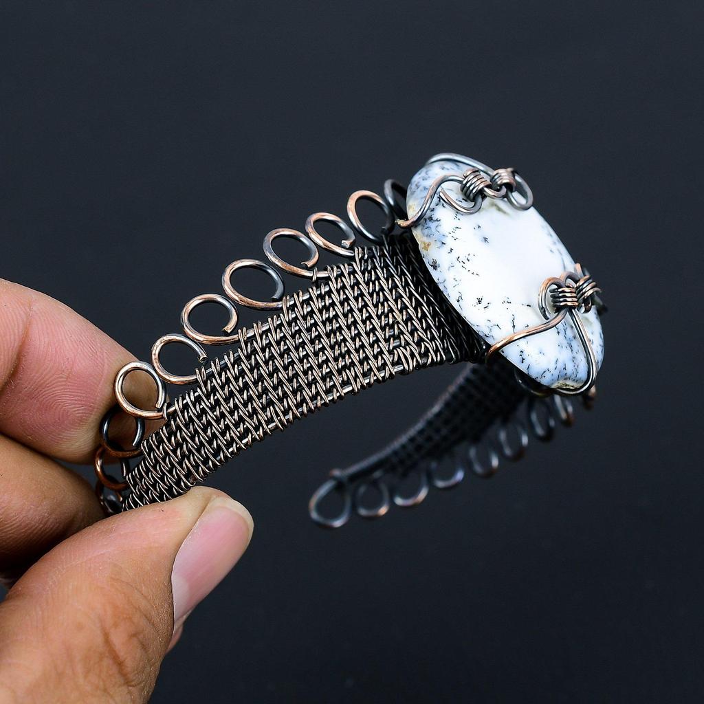 Дендритовый опал, драгоценный камень, чистая медная проволока, завернутая в манжеты/браслет ручной работы, ювелирные изделия