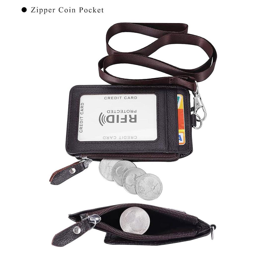 Genuine Leather ID Holder with Zipper RFID Keychain Wallet Neck Lanyards with Swivel Hook for Card/Coin/Cash Black Card Holder