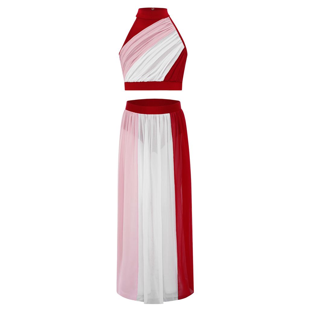 Костюм для лирического танца для девочек, кроп-топ без рукавов с цветными блоками, сборкой спереди и вырезом-капелькой сзади, летящая шифоновая юбка