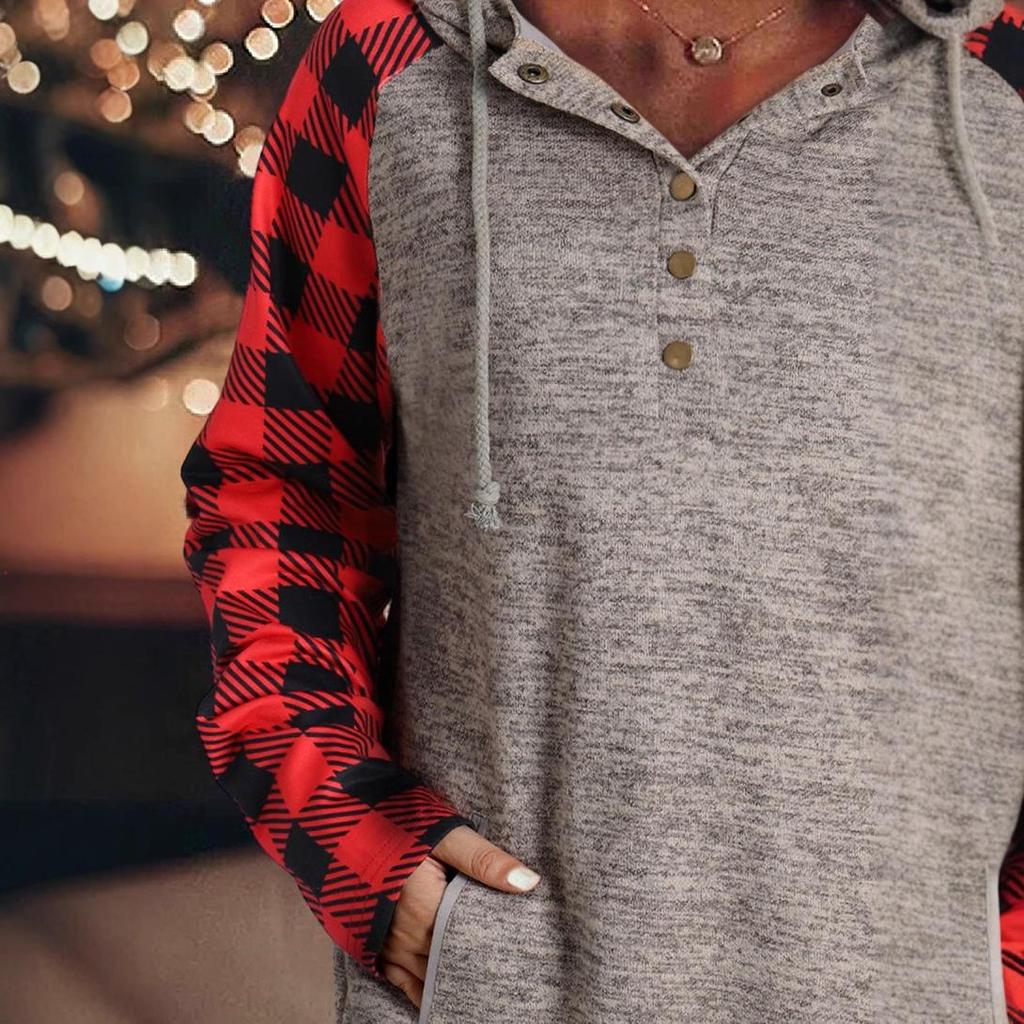 Shiying Плед Колорблок Вафельный Свитшот - Женский Повседневный Осенне-Зимний Топ на Пуговицах