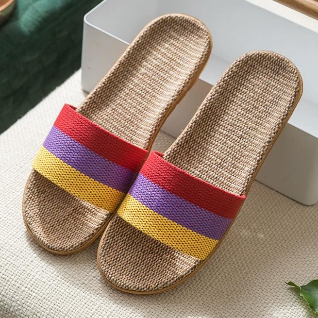 Linen Sandals for Home Use, Thick Soled Grass Woven Rattan Woven for Men and Women, Indoor Non Slip and Odorless Feet, Summer