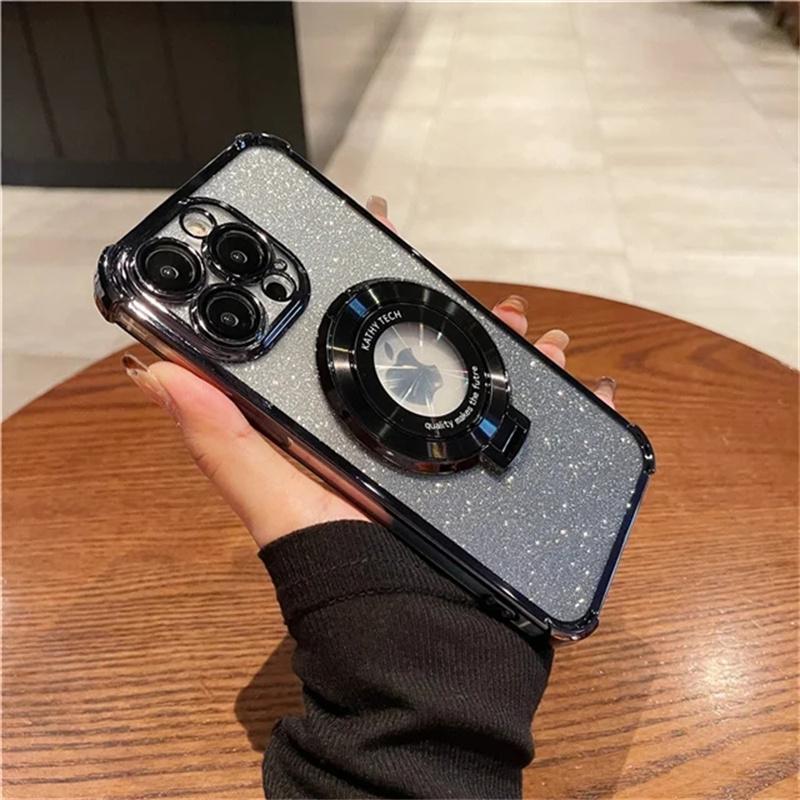 For iPhone 15 Pro Max Luxury Plating Magsafe Magnetic Stand Flash Phone Case For iPhone 11 12 13 14 15 Pro Lens Protective Cover