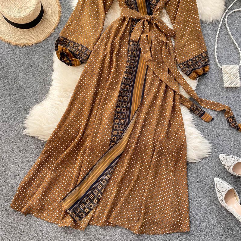 Ретро принт с кружевной талией, темпераментным v-образным вырезом, длинное платье с рукавами воздушного пузыря, женское осенне-зимнее платье