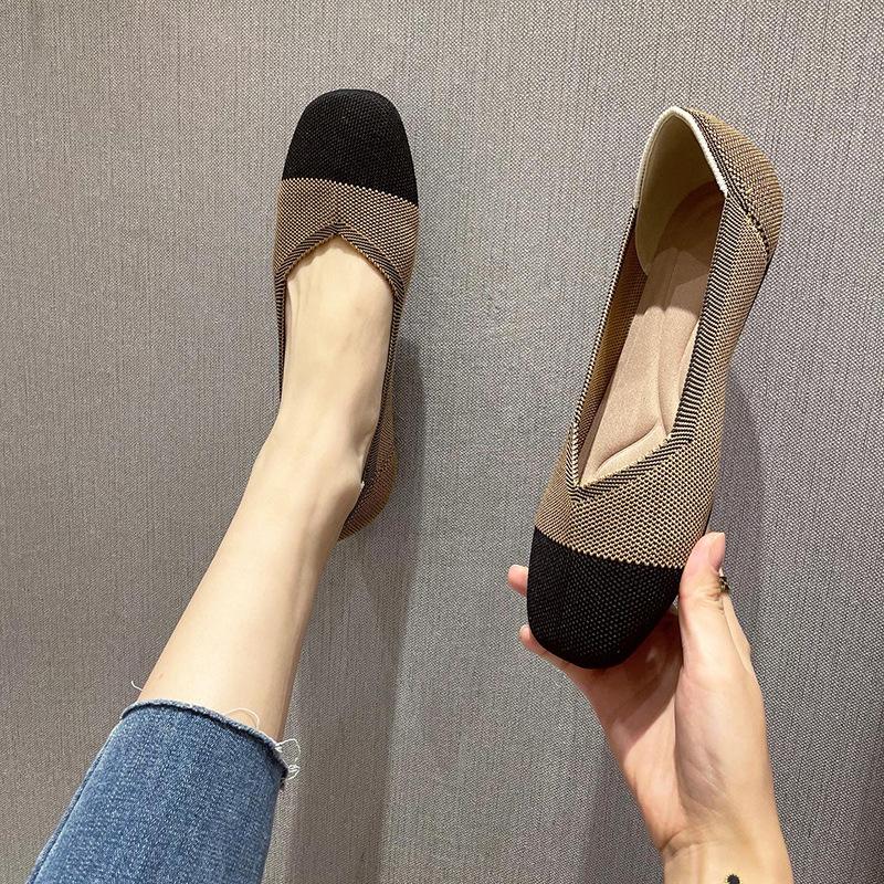 Square Head Single Shoes Women'S Shallow Mouth Flat Bottom European And American Style Shoes Knitted Shoes Soft Sole Knitted Shoes Women