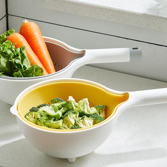 Двухслойная сливная корзина с длинной ручкой, пищевая, без содержания бисфенола А, наклонная, поворотная, быстросливная, миска для очистки фруктов, корзина для хранения