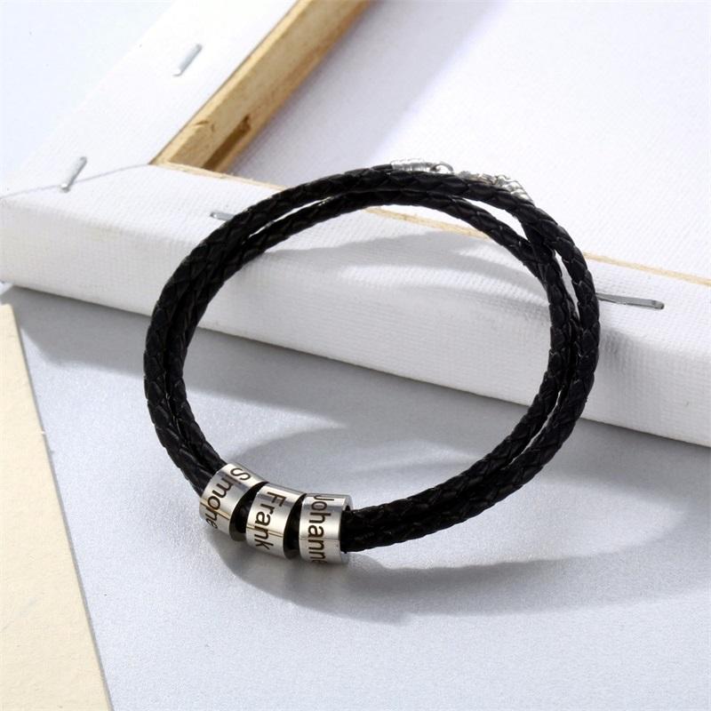 Персонализированные мужские плетеные браслеты из натуральной кожи с бусинами из нержавеющей стали, браслеты-подвески с индивидуальным именем для мужчин с семьей