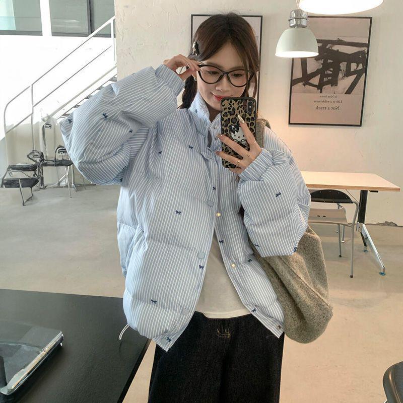 2025 Winter Women's Cotton Jacket - Japanese/Korean Striped Bow Style, Versatile & Thickened
