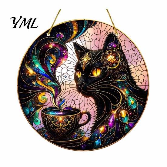 Cute Cat Hanging Accessory Moon Halloween Window Decor, Mystical Black Round Sign Artistic Animal Wall Ornament for Indoor Outdoor Art, Gothic
