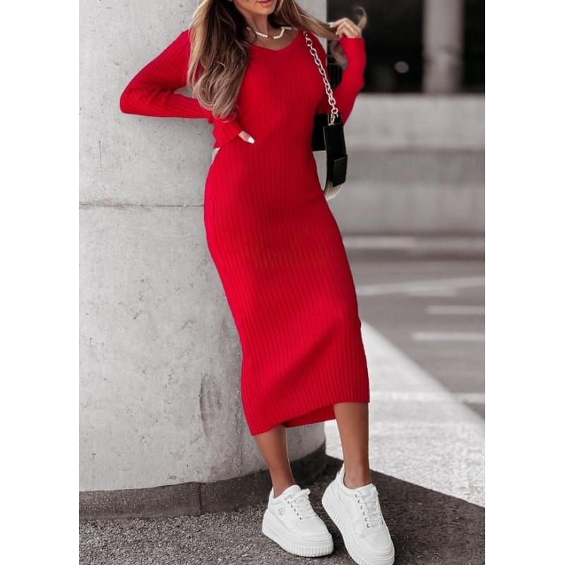 2026 Elegant V-Neck Long Sleeve Maxi Dress Pure Color