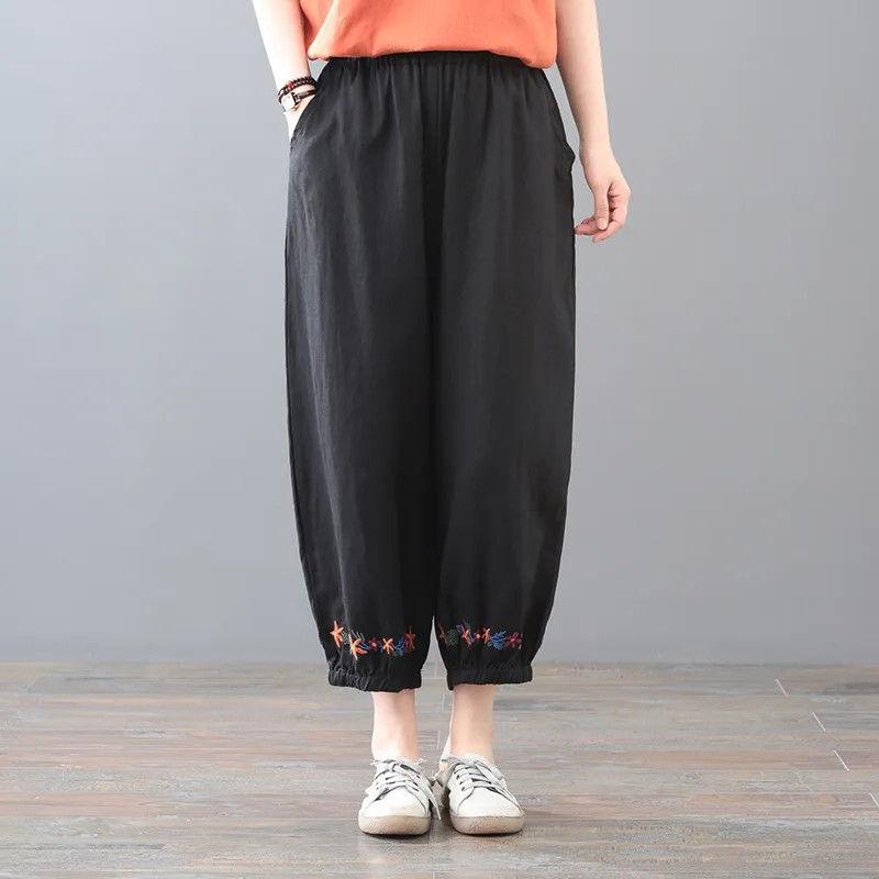 Укороченные брюки большого размера в стиле ретро, однотонные женские повседневные брюки из хлопка и конопли