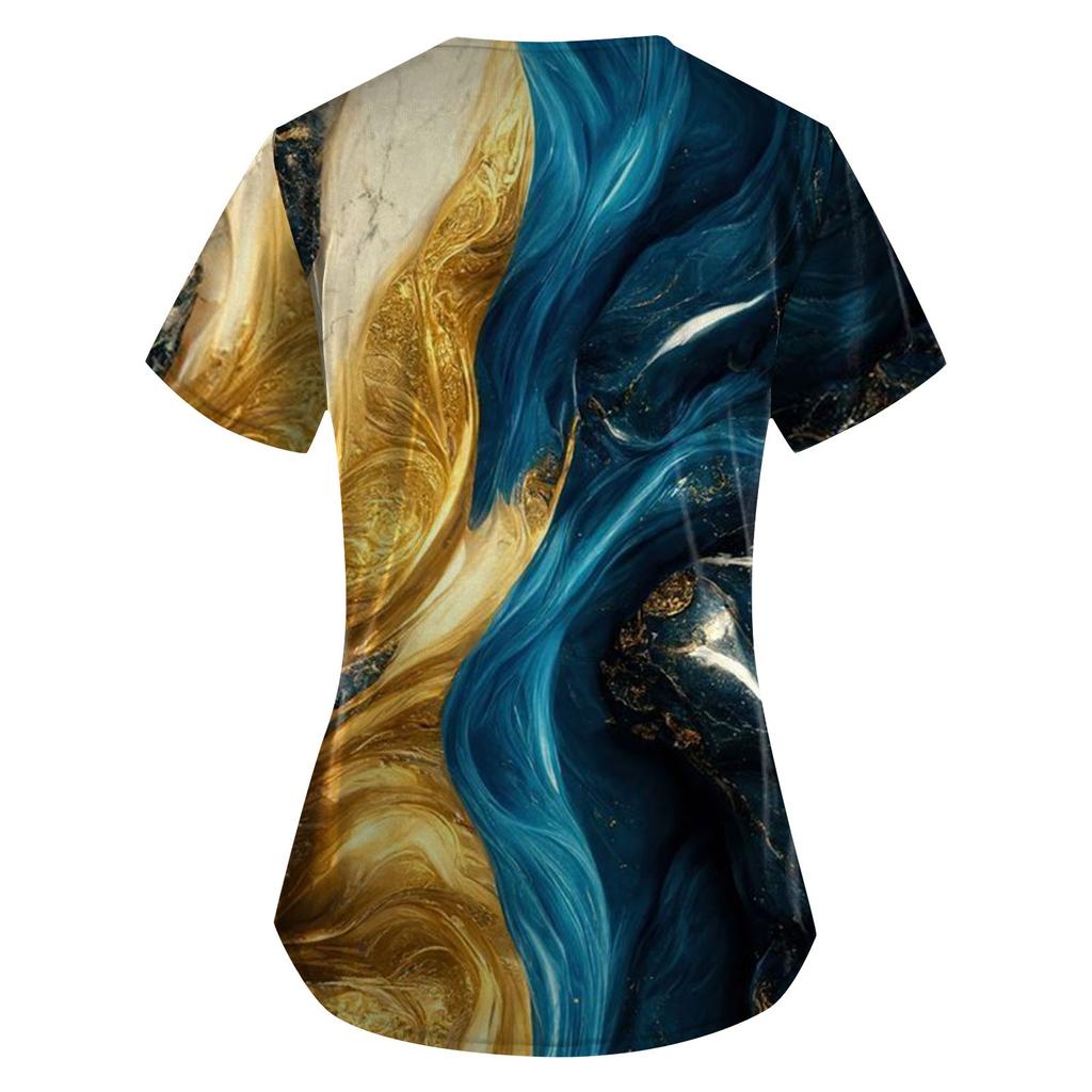 Женские топы с короткими рукавами и v-образным вырезом с принтом, рабочая форма, карманная блузка