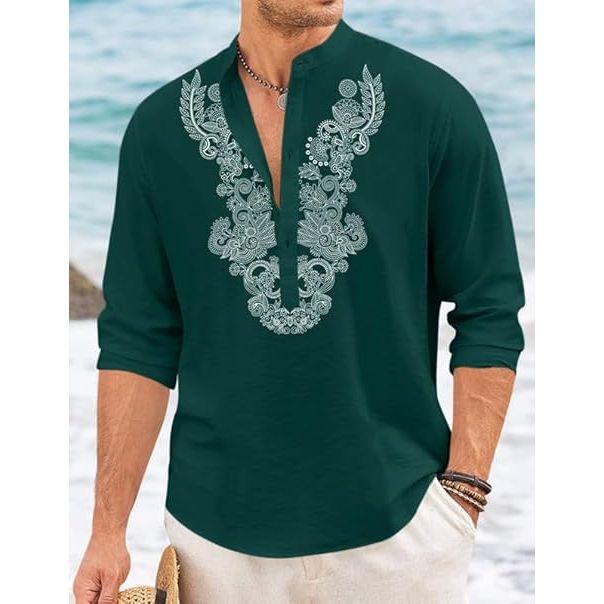 Мужская короткая курта из смесового хлопка с длинными рукавами и этническим дизайном горловины | Повседневная курта с мятой текстурой и воротником-стойкой