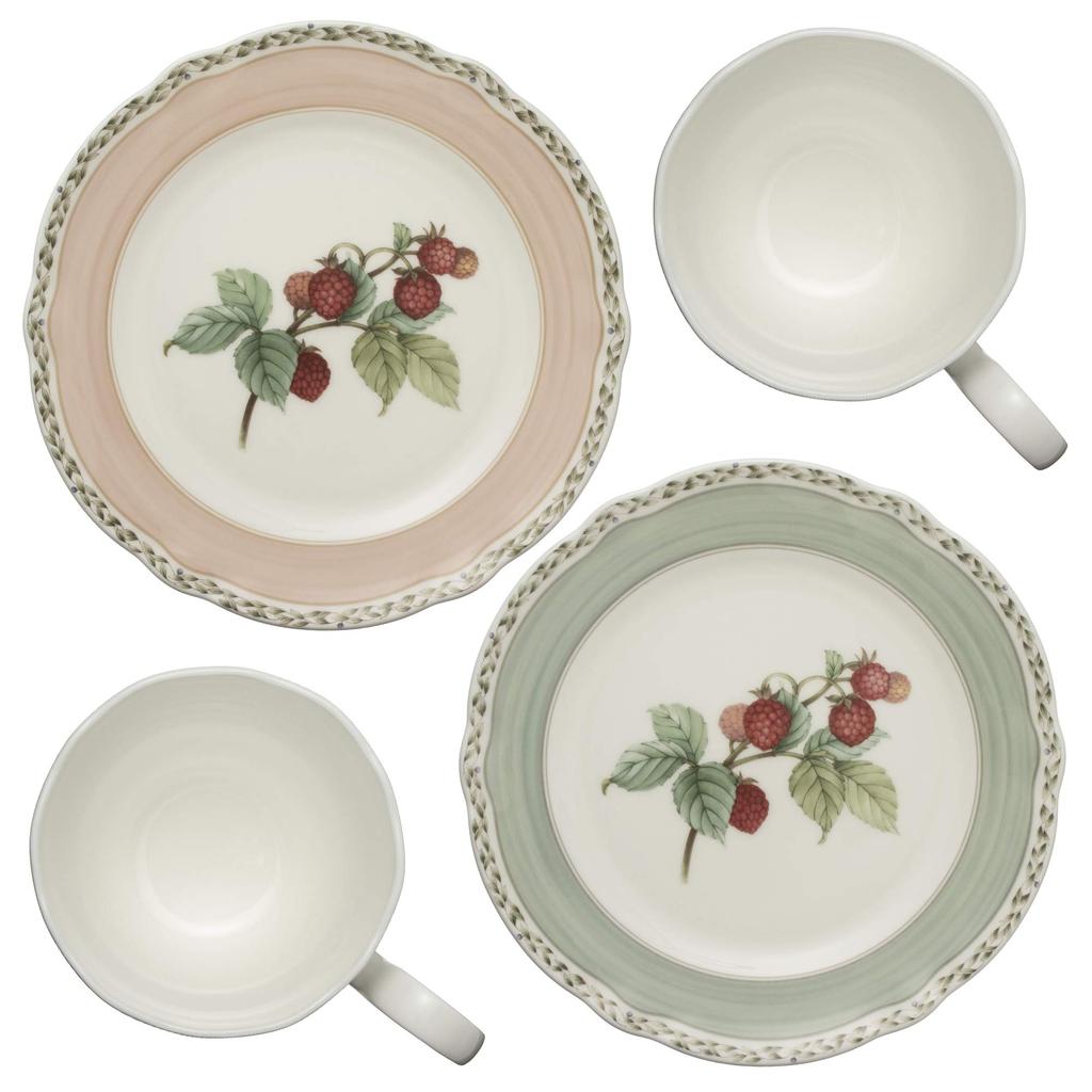 Noritake Кружка и тарелка (Парный набор) - Тарелка 19 см и кружка 375 мл, дизайн «Фруктовый сад», две кружки и две тарелки, тонкий фарфор (Белый с оттенком), M9719/4911-12