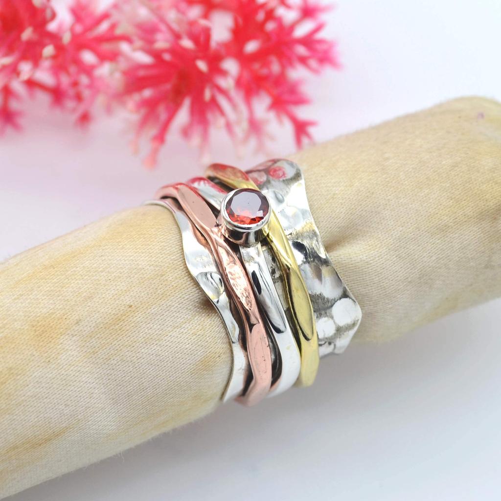Кольцо Spinner Band, Кольцо с гранатом, Трехцветное кольцо, Серебряное кольцо 925 пробы, Женское кольцо, Заявление, Кольцо с камнем, Серебряные украшения, Кольцо в стиле бохо