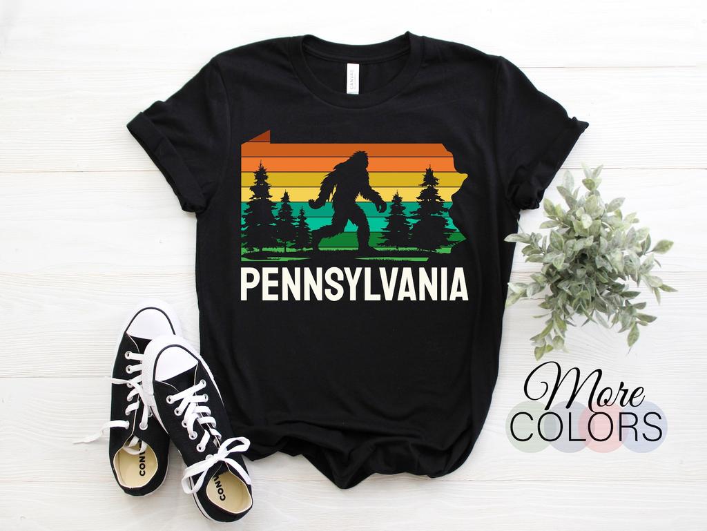 Pennsylvania US State Home Bigfoot Sasquatch Yeti Mountains Traveling Visit Travel Hiking Souvenir Birthday Gift Vintage Retro Funny T-Shirt