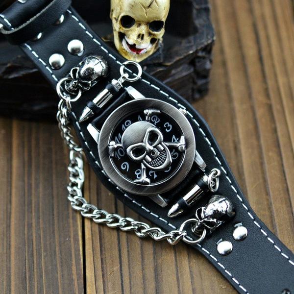 Fashion Men Womens Black Punk Rock Retro Unisex Chain Skull Leather Wrist Watches Gothic Bracelet AVE