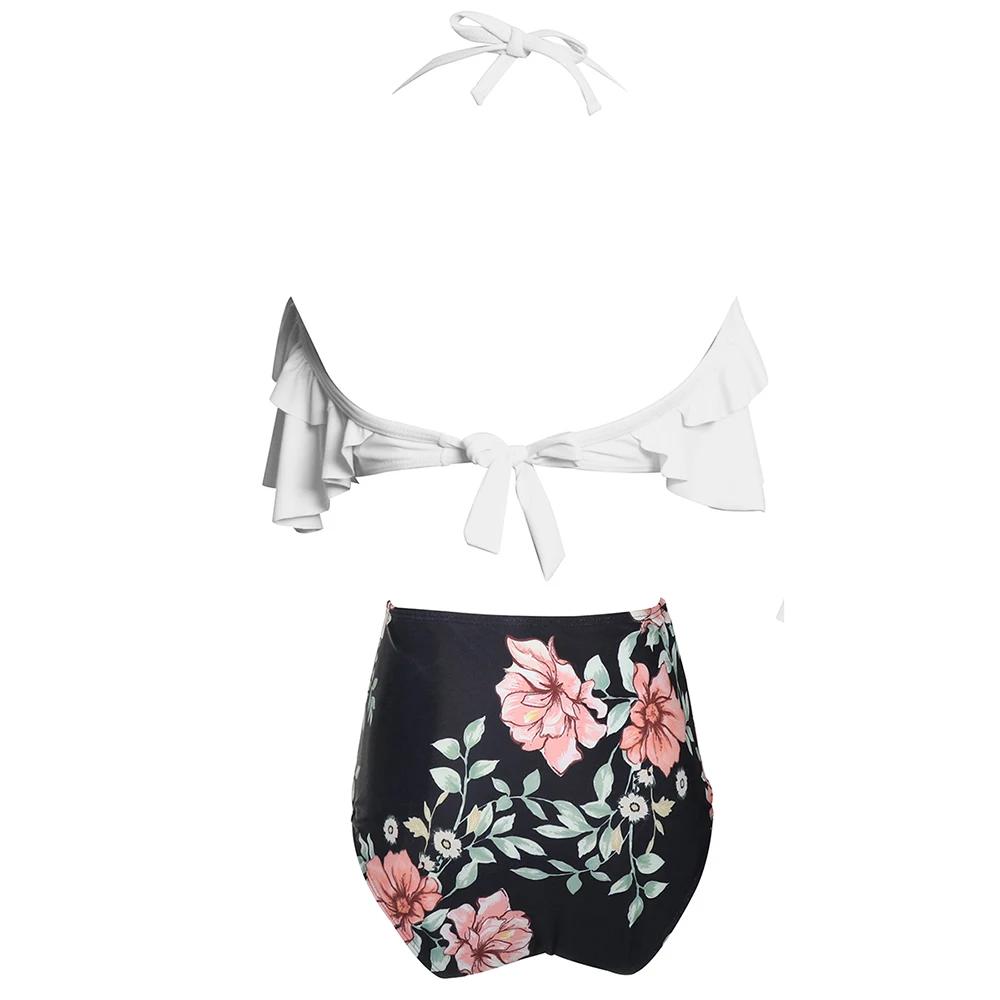 High Waisted Bikini Swimsuit with Ruffles White Black High Waisted Bikini Swimsuit with Ruffles White Black
