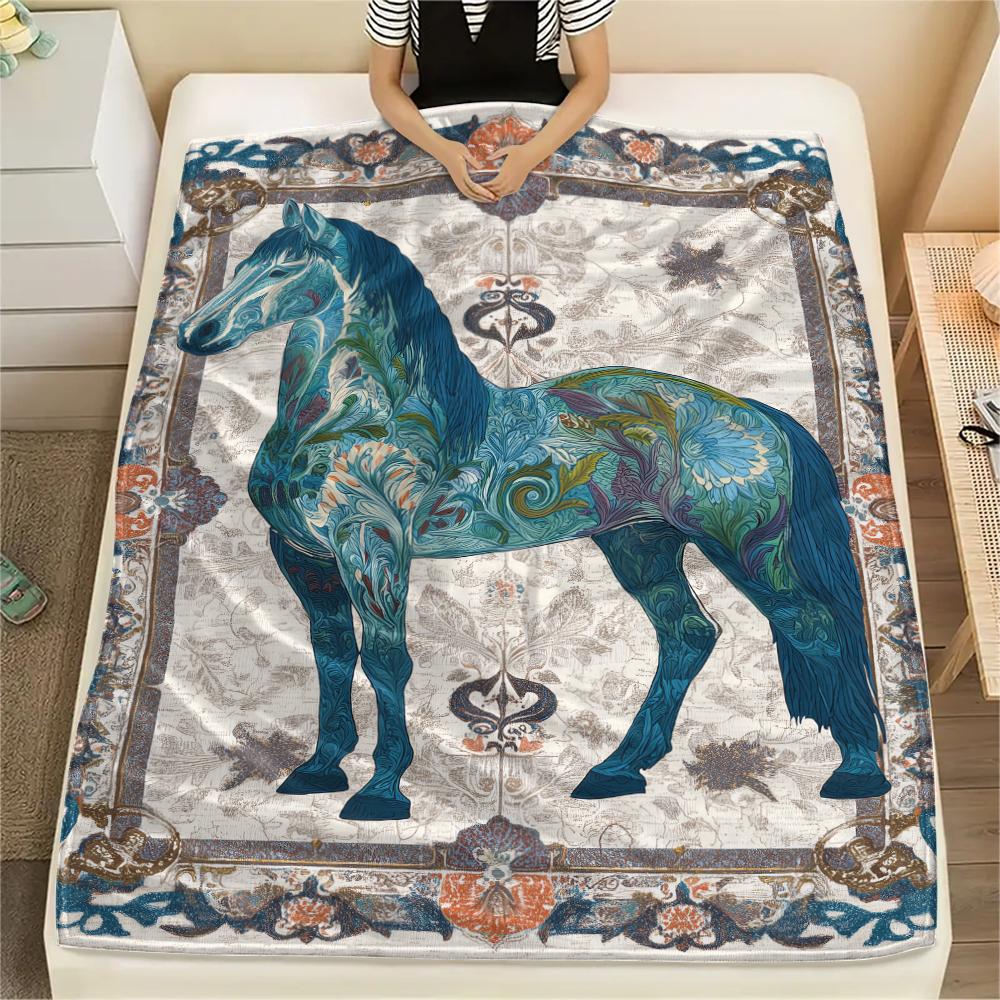 Flower Horse Print Flannel Blanket, High quality Comfortable for All Seasons, Home Decor, Warmth and Comfort, Perfect for Christmas Gifts
