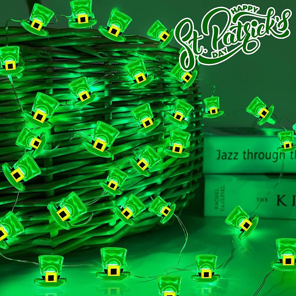 Свети-стрит. Украшения ко Дню Святого Патрика Зеленые огни Шляпа Лепрекона Работает от батареек. Ирландское украшение ко Дню Святого Патрика