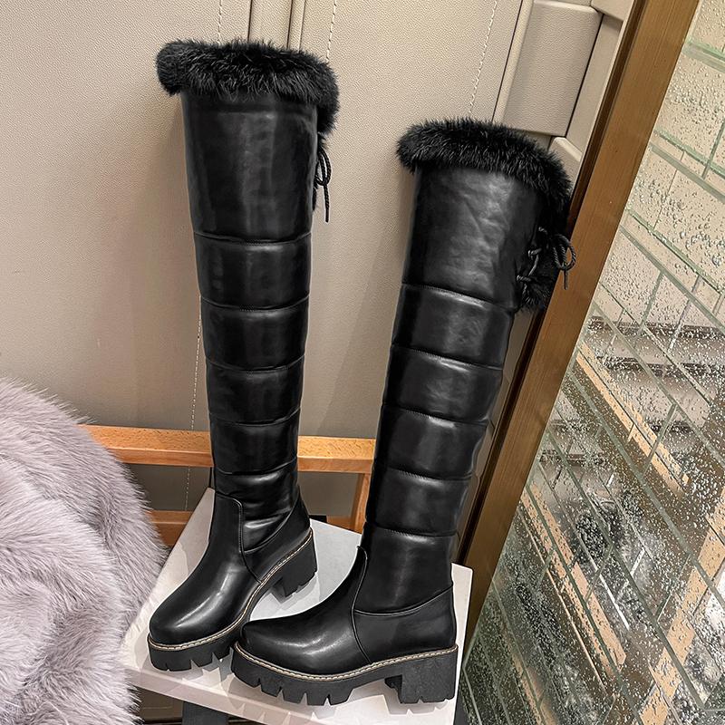 Женские длинные сапоги на высоком каблуке, новые зимние теплые зимние сапоги, большие плюшевые женские сапоги из однотонной кроличьей шерсти