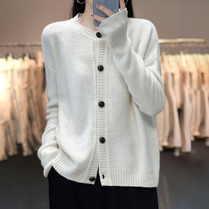 Кардиган, свитер, осень 2023, кардиган с круглым вырезом, пальто, женский однотонный свитер с длинными рукавами, универсальный корейский свитер с накладками, женский
