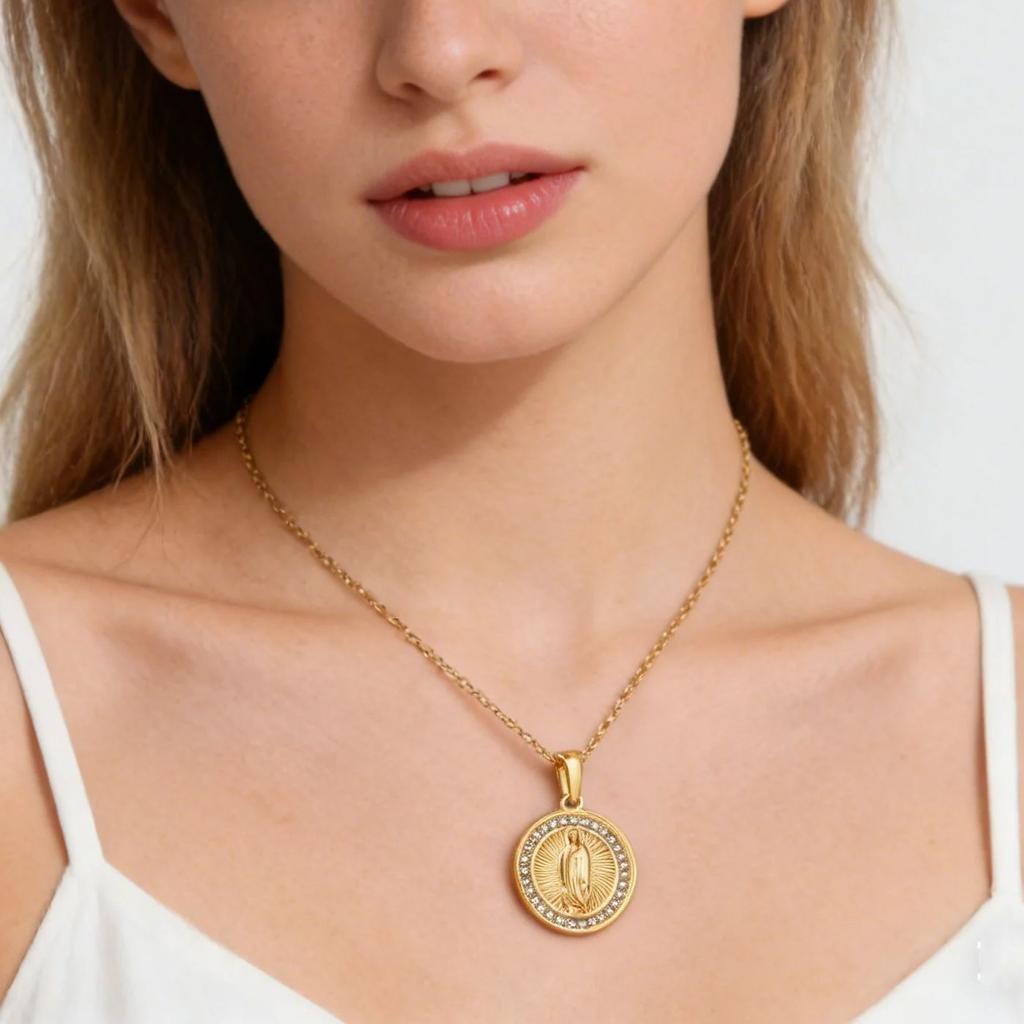 Dainty Vintage Gold Plated Virgin Mary Prayer Necklace for Women, Stainless Steel Zircon Round Pendant, Luxury Religious Jewelry