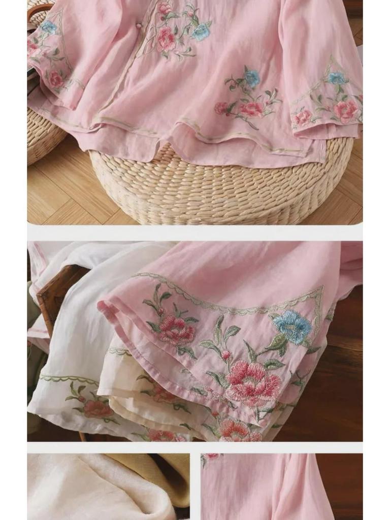 Женский этнический хлопковый топ с вышивкой - китайская косая планка с пуговицами-лягушками, художественная летняя рубашка