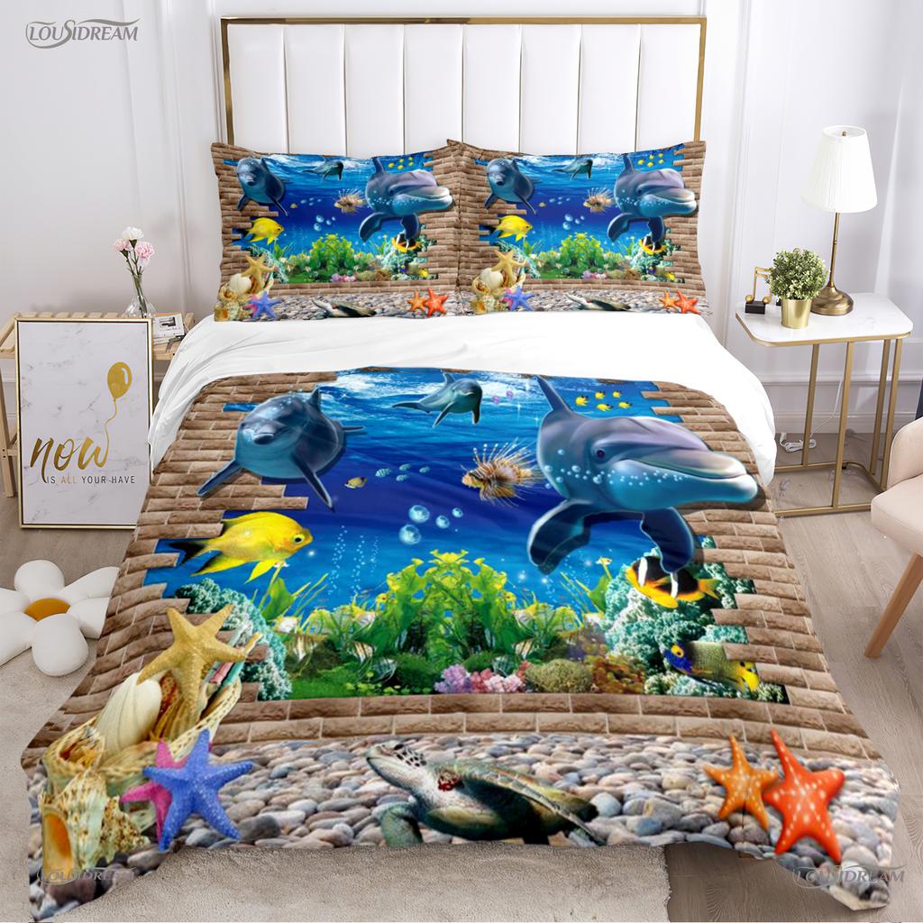 3D Ocean World Dolphin Whale Fish Duvet Cover Comforter Beding Set Soft Quilt Cover and Pillowcase for Single/Double/Queen/King