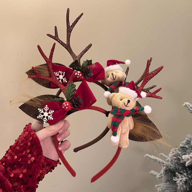 Рождественский медведь и рога повязка на голову для детей - праздничный дизайн с цветками сливы и нескользящими зубчиками