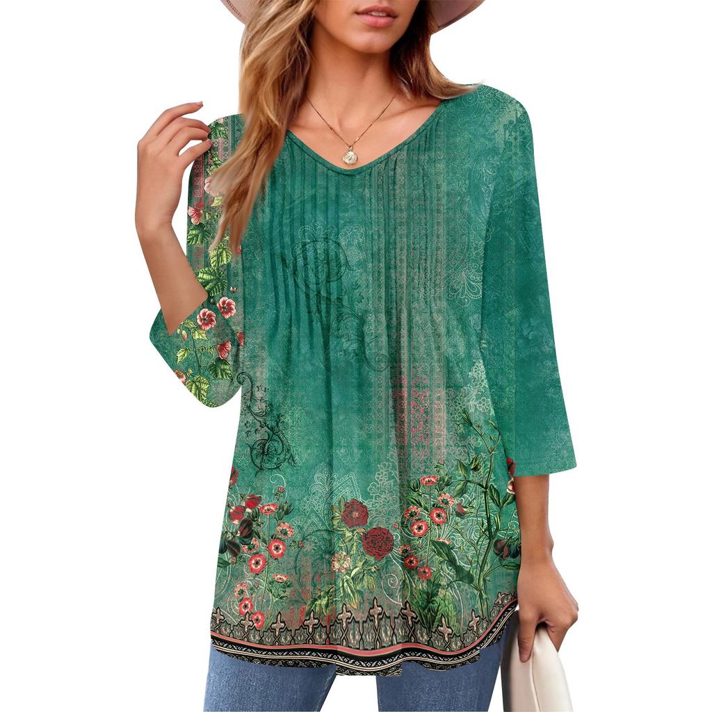 Женские топы с V-образным вырезом и рукавом три четверти в полоску, плиссированные, повседневные, летние, модные, рубашки