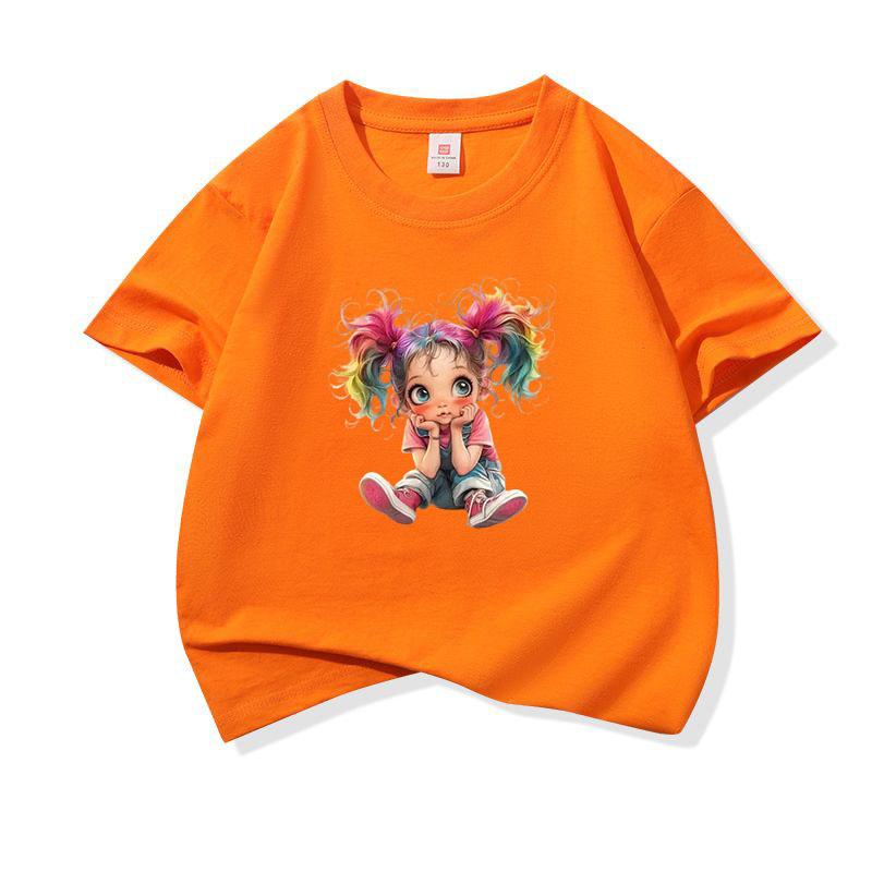 Kids Cotton T Shirt Rainbow Hair Girl Print Crew Neck Short Sleeve Tee Casual Boys Girls Summer Tops