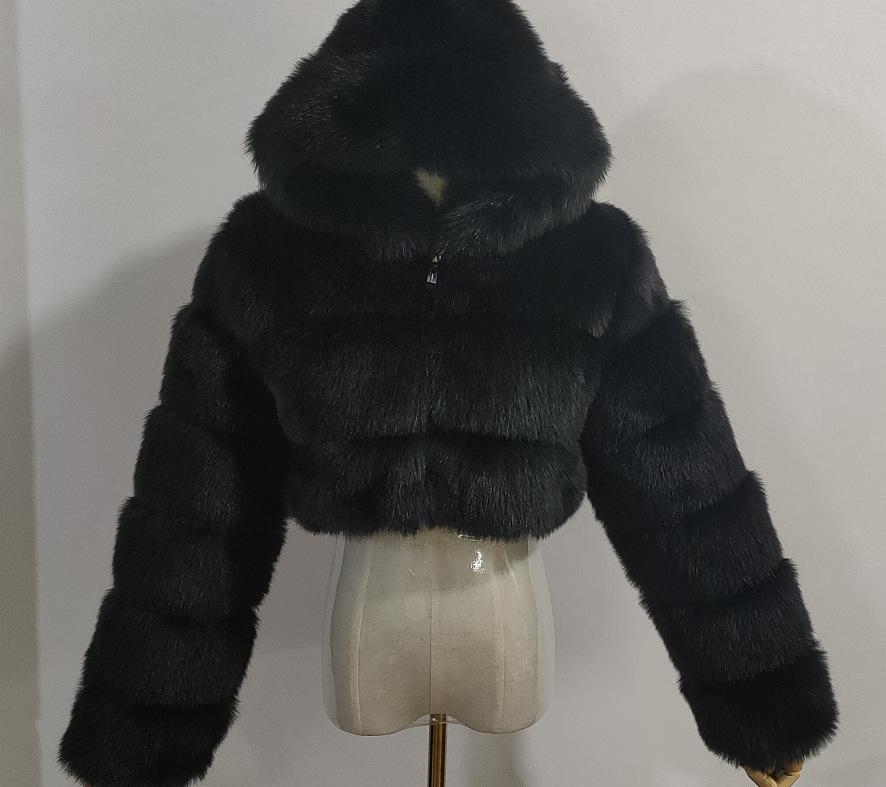 European and American fashion fur jacket short with hat imitation fur imitation fox hair long sleeve splicing women spot hooded
