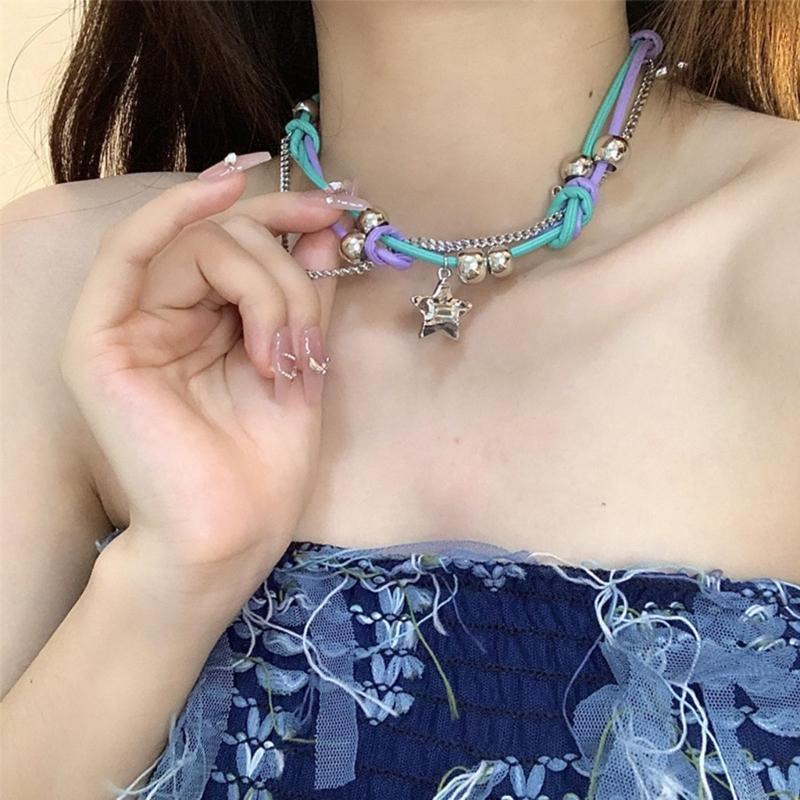 Кожаные бусины намотки O Стиль колье DIY металлическая подвеска в форме звезды ожерелье для женщин эстетическое панк ожерелье Y2K аксессуар
