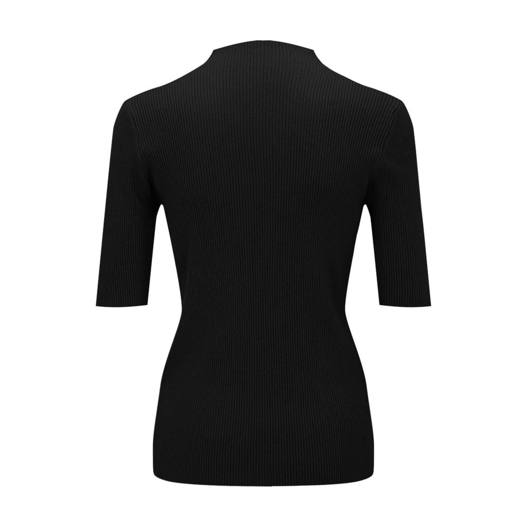 Мода Половина Высокий ворот Однотонный цвет Средний рукав Трикотаж Короткий рукав Женщина